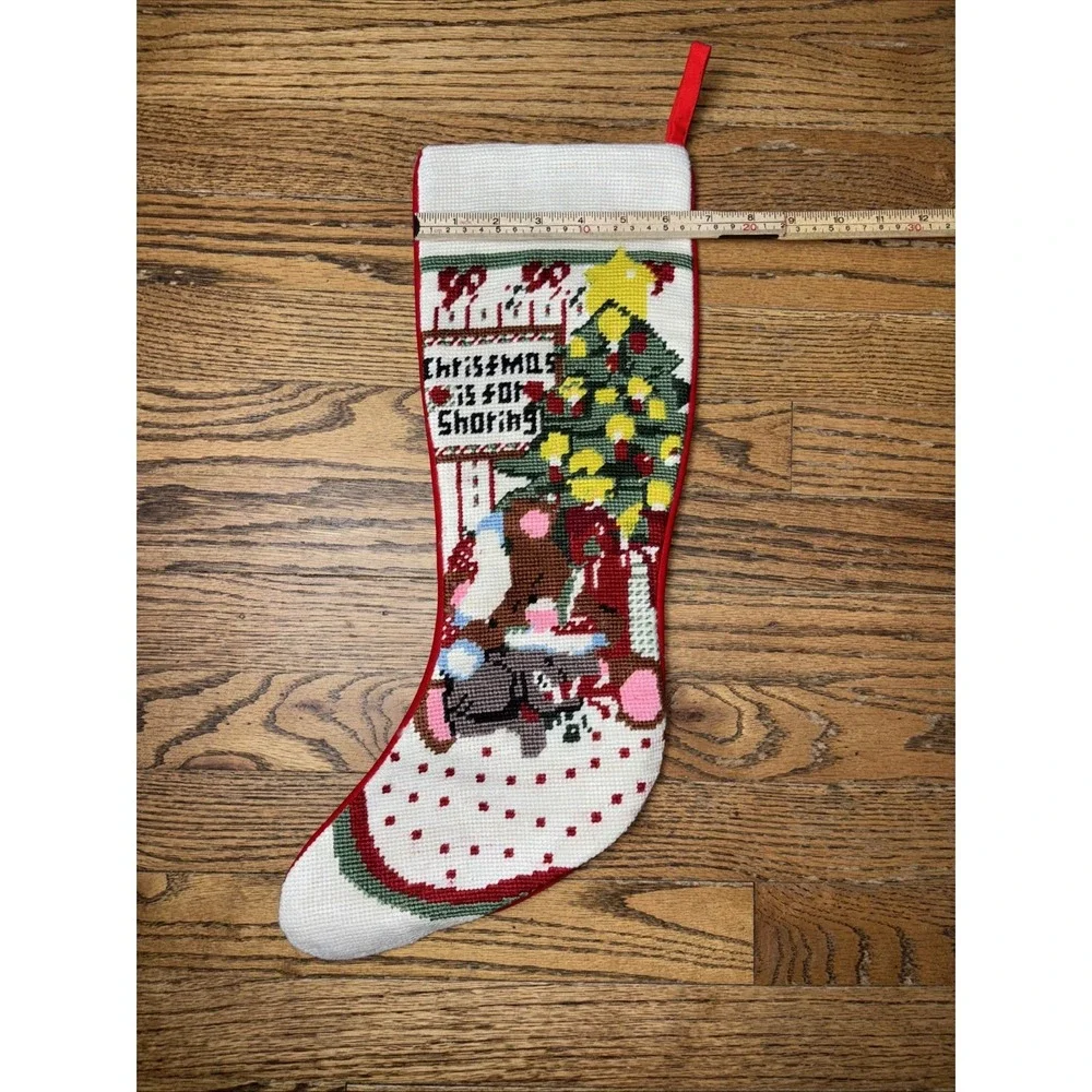 Vintage Needlepoint Christmas Stocking Sleeping Bear Red Velvet Left Hanging